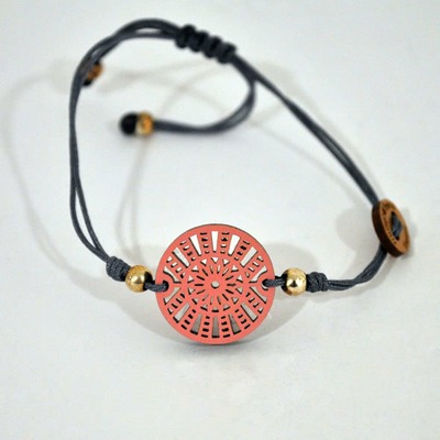 Pulsera de cuero con pieza de madera círculos | ROSA PALO