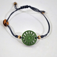 Pulsera de cuero con pieza de madera círculos | VERDE