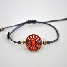 Pulsera de cuero con pieza de madera círculos | ROJO