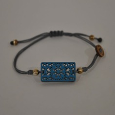Pulsera de cuero con pieza de madera cruz | AZUL