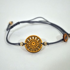 Pulsera de cuero con pieza de madera círculos | MOSTAZA